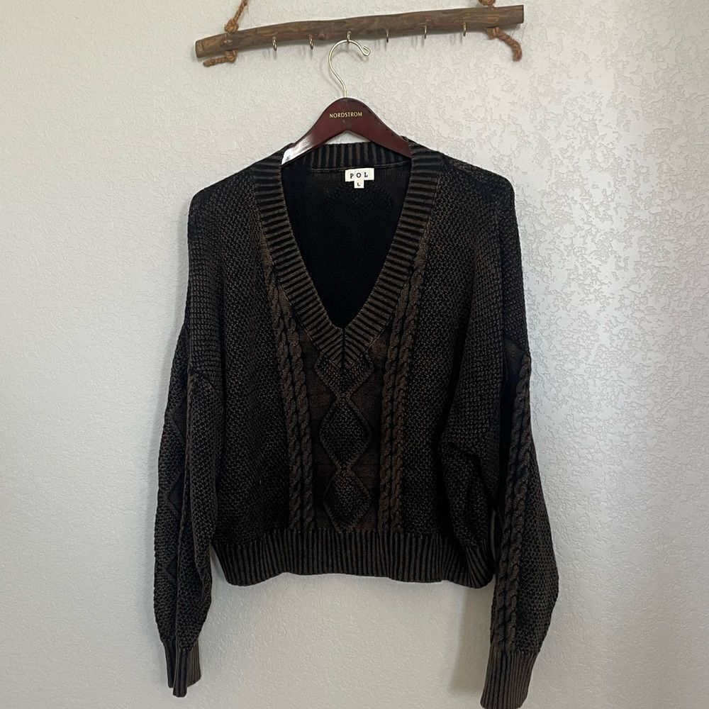 Black cable knit v neck sweater